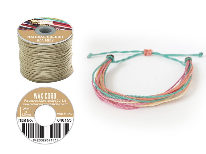 Natural wax cord reel set of 12, 25m long, 1.5mm wide, ideal for crafting, jewelry making, and macrame projects.