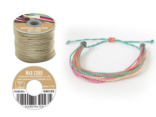 Natural wax cord reel set of 12, 25m long, 1.5mm wide, ideal for crafting, jewelry making, and macrame projects.