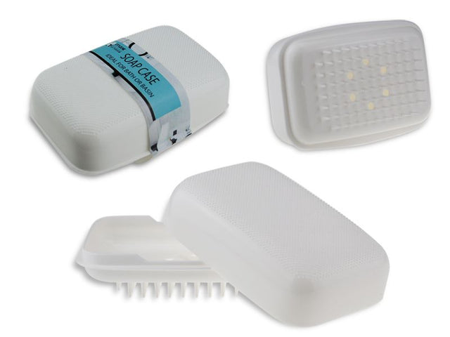 Set of 5 lightweight plastic soap cases with ventilation slots for clean, dry, and organized soap storage.
