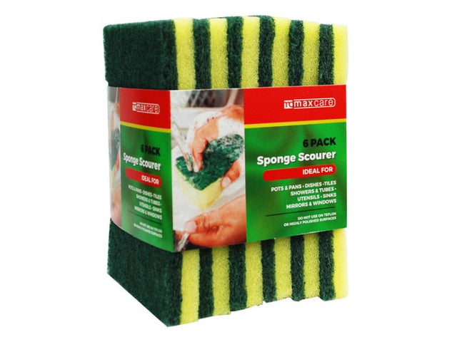 Sponge scourers in 12 packs, perfect for scrubbing pots, dishes, and delicate surfaces without scratching.