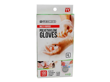 Maxcare Polyethylene Disposable Gloves in 36 packs, perfect for hygiene in food handling, cleaning, and more.