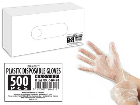 Maxcare Polyethylene Disposable Gloves in 20 packs, ideal for food handling, cleaning, and healthcare, latex-free, ambidextrous design.