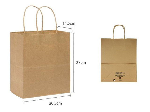 Brown kraft paper bags with twisted handles, 27cm tall, eco-friendly, 120gsm, ideal for retail and gifting, 50 units.