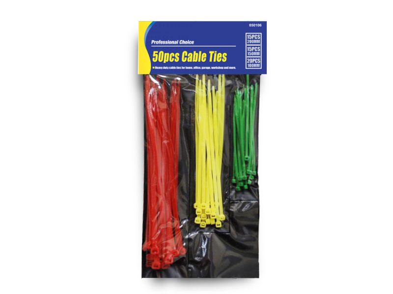 Assorted cable ties pack featuring 50 pieces in various sizes, ideal for organizing cables and securing items.