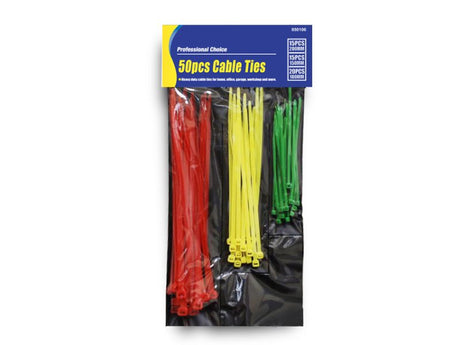 Assorted cable ties pack featuring 50 pieces in various sizes, ideal for organizing cables and securing items.