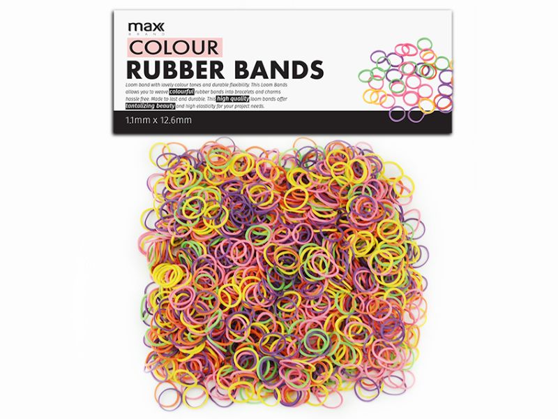 Vibrant 12.6mm loom bands in assorted colors, made from 80% natural rubber, ideal for crafting bracelets and accessories.