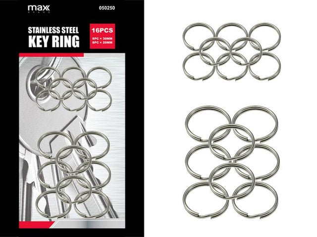 Durable key rings in assorted sizes for secure organization of keys and tags, ideal for home, office, and crafts.