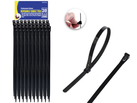 Black reusable cable ties, 20cm long, ideal for organizing and securing cables, with 720 ties across 24 packs.