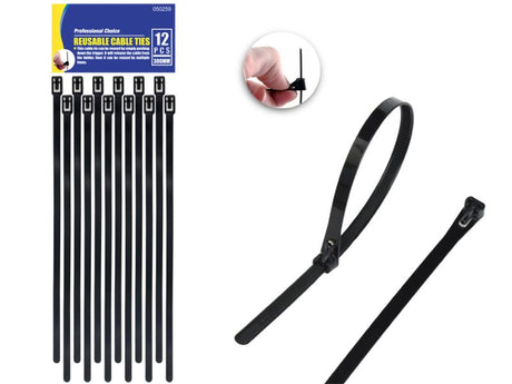 Reusable black cable ties, 30cm long, versatile for organizing cables, 288 pieces total, durable and easy to reuse.