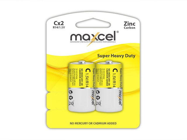 Maxcel Super Heavy Duty C Batteries pack of 12, zinc carbon, reliable power for toys, remotes, and electronics.