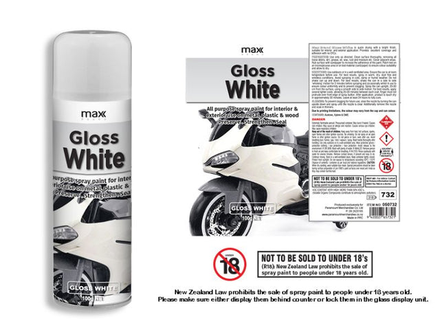 Max Gloss White all surface spray paint set of 12, ideal for indoor/outdoor DIY projects with an oil-based high-gloss finish.