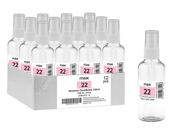 Set of 12 clear 100ml spray atomiser bottles, perfect for travel, perfumes, and DIY beauty products.