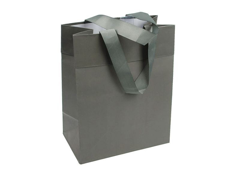 Set of 10 small grey paper gift bags, 24.7cm tall, stylish and sturdy for any occasion.