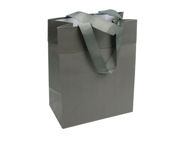 Set of 10 small grey paper gift bags, 24.7cm tall, stylish and sturdy for any occasion.