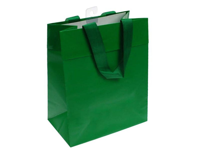 Set of 10 vibrant green small paper gift bags, 24.7cm tall, perfect for thoughtful presents and eco-friendly gifting.
