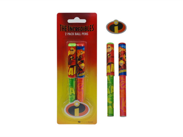 Disney Licensed Incredibles ball pen set featuring 12 packs with vibrant superhero designs, perfect for creativity and fun writing.