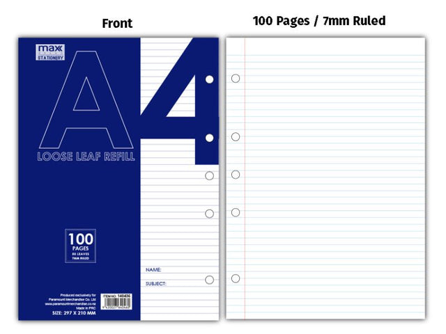 Set of 10 MAX A4 refill sheets, ruled with 7mm lines, perfect for organization and note-taking in standard binders.