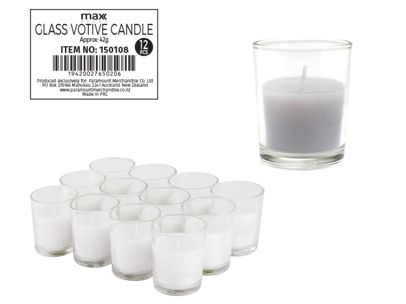 Set of 12 unscented white glass votive candles, 52mm diameter, 62mm height, perfect for creating a cozy ambiance.