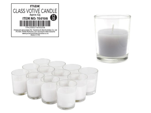 Set of 12 unscented white glass votive candles, 52mm diameter, 62mm height, perfect for creating a cozy ambiance.