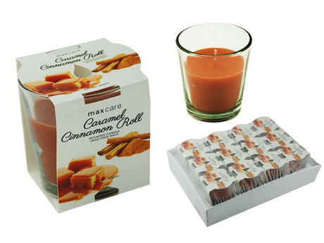 Set of 12 scented candle tumblers with caramel cinnamon roll fragrance, perfect for cozy ambiance and relaxation.