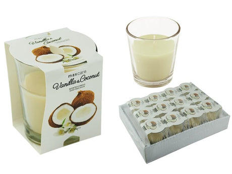 Elegant set of 12 scented candles with vanilla and coconut aromas, perfect for home decor and relaxation.
