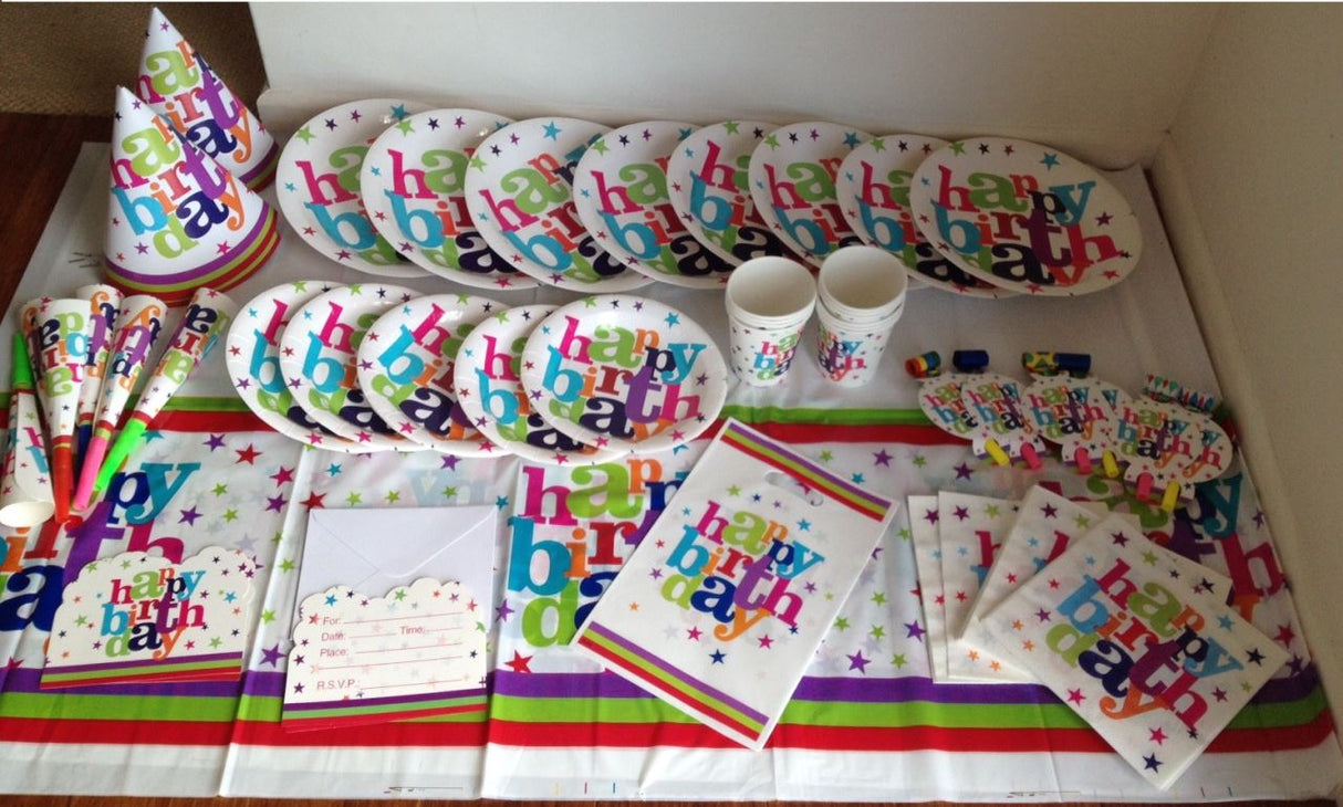 Colorful Happy Birthday invitations pack of 10, perfect for festive celebrations for all ages at a clearance price.