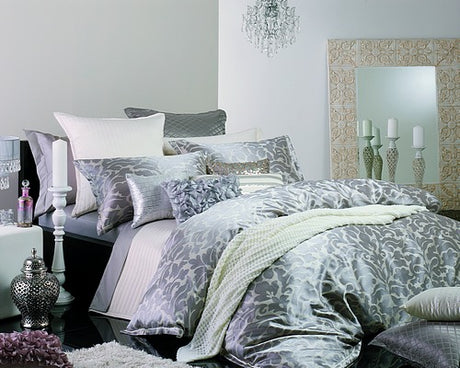 King Duvet Cover in Pascale Amethyst featuring intricate texture and sophisticated ribbon detailing, perfect for elegant bedroom decor.