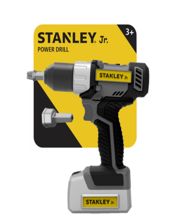 Battery Operated Drill 2.0 by Stanley Jr: Realistic toy drill with adjustable speed, lights, sounds, and customizable name tag for creative play.