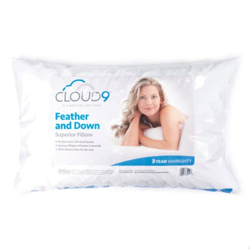 Soft Cloud 9 feather and down pillow with 95% duck feather, natural cotton percale cover, and generous fill.
