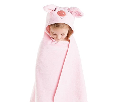Soft pink pig kiddie towel made of 100% cotton, perfect for toddlers after baths, swims, or beach fun, measuring 120cm x 60cm.