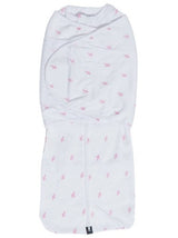 Cozy pink criss-cross baby swaddle with double wrap system and easy zip for quick diaper changes, perfect for restful nights.