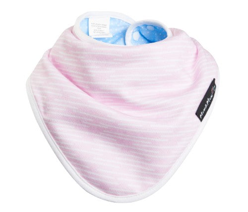 Bamboo Bandana Bib in pink dash and cornflower dot, featuring a breathable, waterproof, and reversible design for babies.