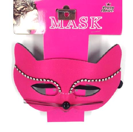 Pink cat lady masquerade mask with diamantes and black satin ribbon, designed for comfort and elegance at parties.