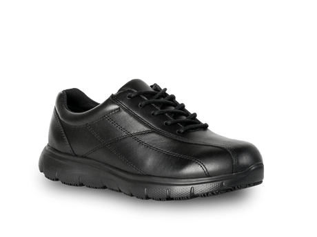 Safety Shoe Bata Piper in black leather, size 5, features slip-resistant outsole and impact-absorbing Tunnel System for comfort.