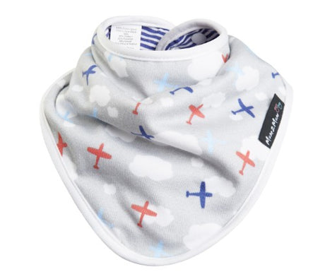 Bamboo Bandana Bib featuring reversible planes and blue stripe design, moisture-wicking and eco-friendly for babies.