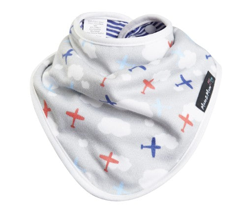 Bamboo Bandana Bib featuring reversible planes and blue stripe design, moisture-wicking and eco-friendly for babies.