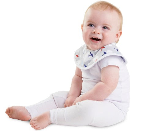 Blue and white striped Bamboo Collar Bib featuring planes, offering 360-degree coverage and reversible fun prints for mealtime.
