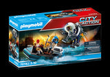 Playmobil Police Jet Pack with Boat playset featuring a jet pack, police figure, and detailed boat for imaginative rescue adventures.