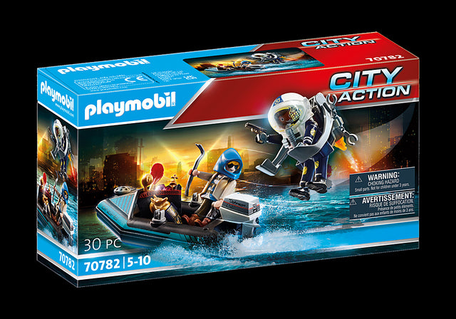 Playmobil Police Jet Pack with Boat playset featuring a jet pack, police figure, and detailed boat for imaginative rescue adventures.