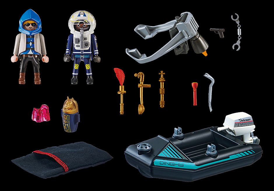 Playmobil Police Jet Pack and Boat set with detailed figures, lights, and gear storage for imaginative rescue missions.