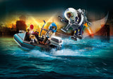 Playmobil Police set featuring a jet pack and boat for imaginative rescue missions and adventurous play.
