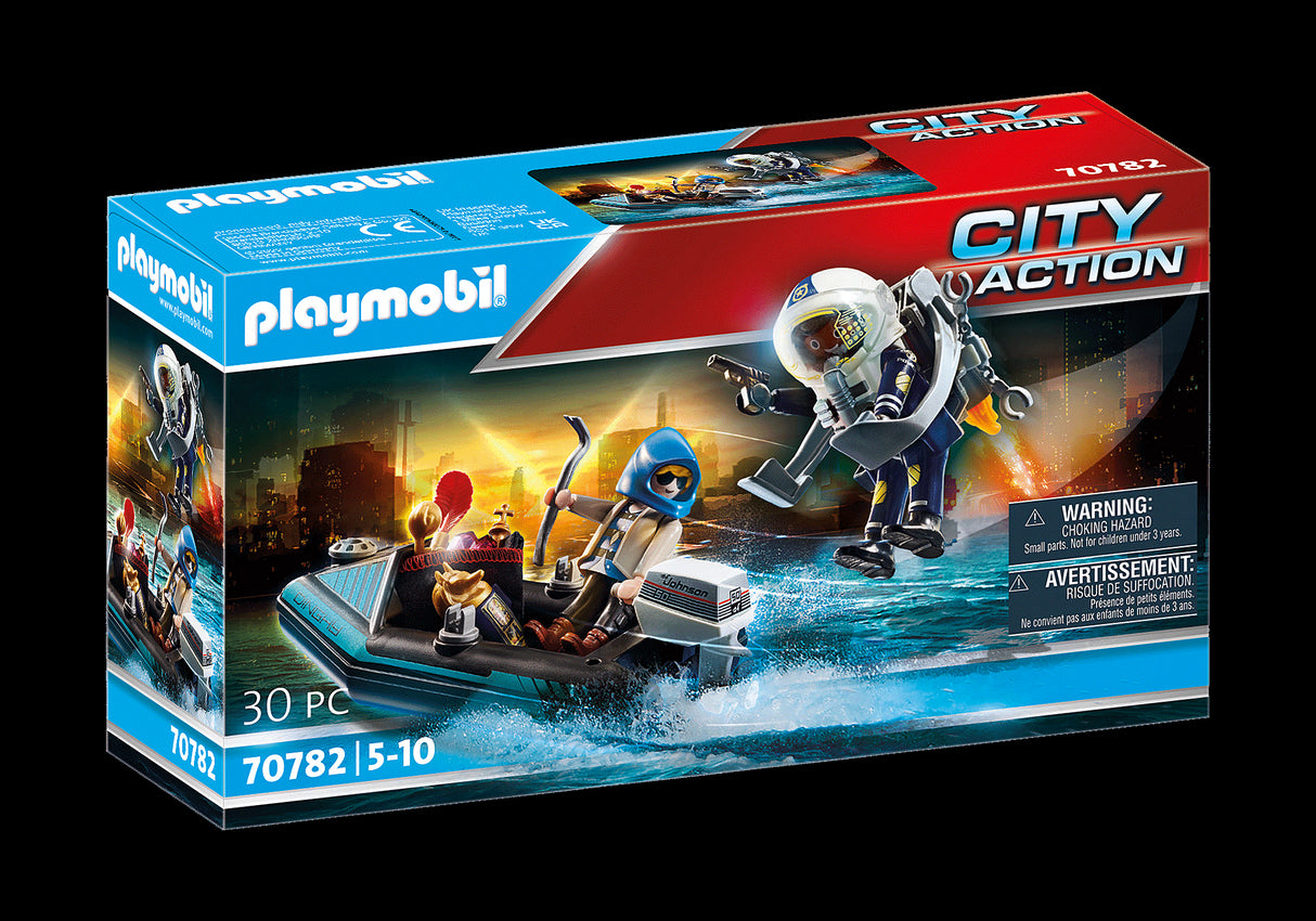 Playmobil Police Jet Pack with Boat playset featuring a jet pack, police figure, and detailed boat with lights for imaginative adventures.