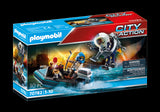Playmobil Police Jet Pack with Boat playset featuring a jet pack, police figure, and detailed boat with lights for imaginative adventures.