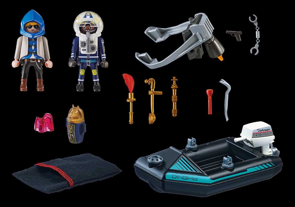 Playmobil Police playset featuring a jet pack, police figure, and a realistic boat for imaginative rescue adventures.