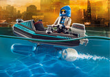 Playmobil Police set featuring jet pack and boat for adventurous rescue missions, enhancing imaginative play for kids.