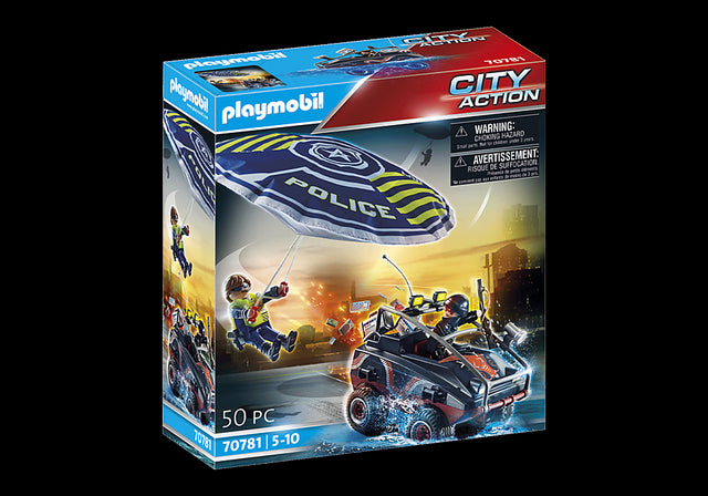 Playmobil Police Parachute set featuring a parachutist and an amphibious vehicle for imaginative play adventures.