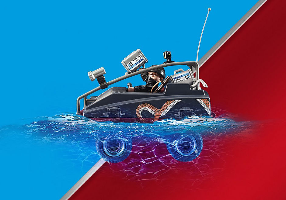 Playmobil Police set featuring a parachutist and amphibious vehicle for imaginative rescue missions on land and water.