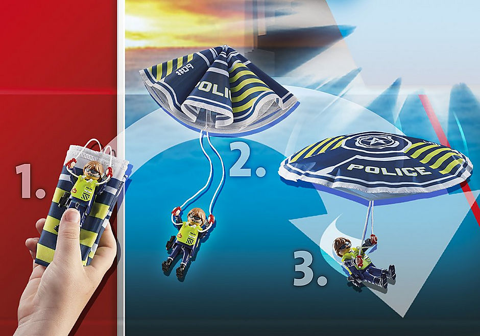 Playmobil Police Parachute set featuring a parachutist and an amphibious vehicle for adventurous play.