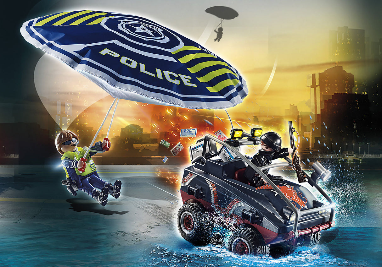 Playmobil Police set featuring a parachutist and amphibious vehicle for thrilling land and water adventures.