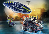 Playmobil Police set featuring a parachutist and amphibious vehicle for thrilling land and water adventures.